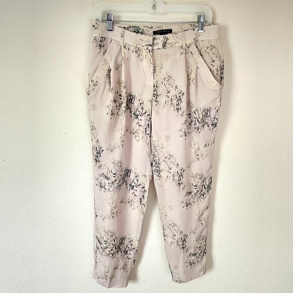 THEORY 100% Silk Ivory Floral Relaxed Chino Tapered Pleat Pants Spring Size 6 - Picture 9 of 13